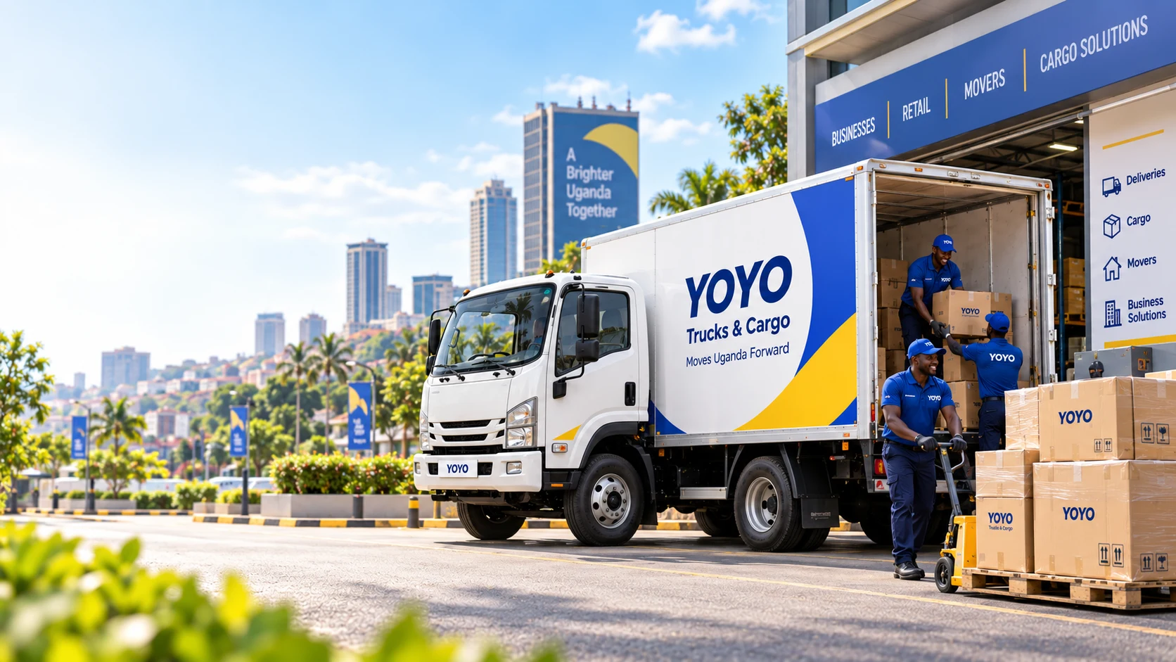 A branded YoYo cargo truck being loaded by a delivery team