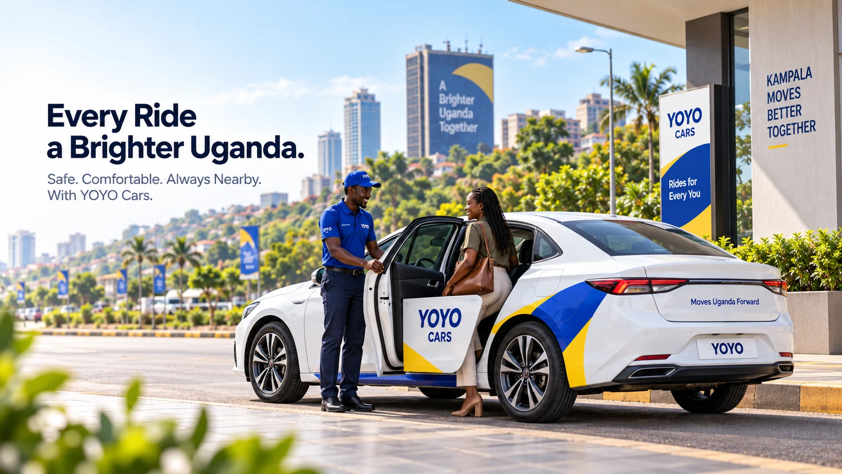 A YoYo Cars driver welcoming a passenger beside a branded car