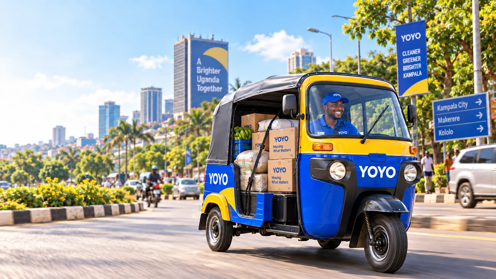 A branded YoYo Tuk Tuk carrying goods on a Kampala road